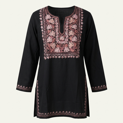 Black Kashmiri Short Kurti for Women — Machine Embroidered Designer Kurti