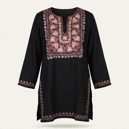 Black Kashmiri Short Kurti for Women — Machine Embroidered Designer Kurti