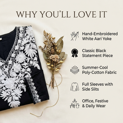 Black Kashmiri Long Kurti – White Floral Neckline | Summer Cotton