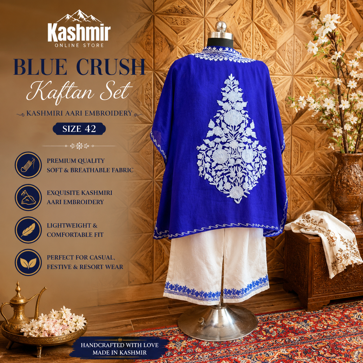Blue Crush Kashmiri Kaftan Set for Women | Machine Embroidered with Matching Bottom