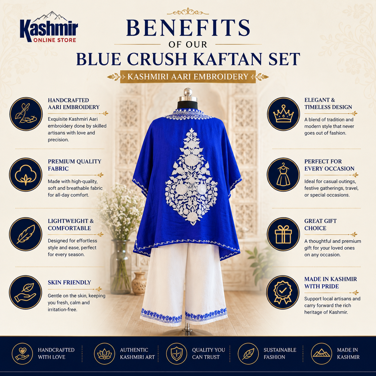 Blue Crush Kashmiri Kaftan Set for Women | Machine Embroidered with Matching Bottom