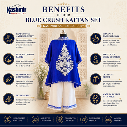 Blue Crush Kashmiri Kaftan Set for Women | Machine Embroidered with Matching Bottom