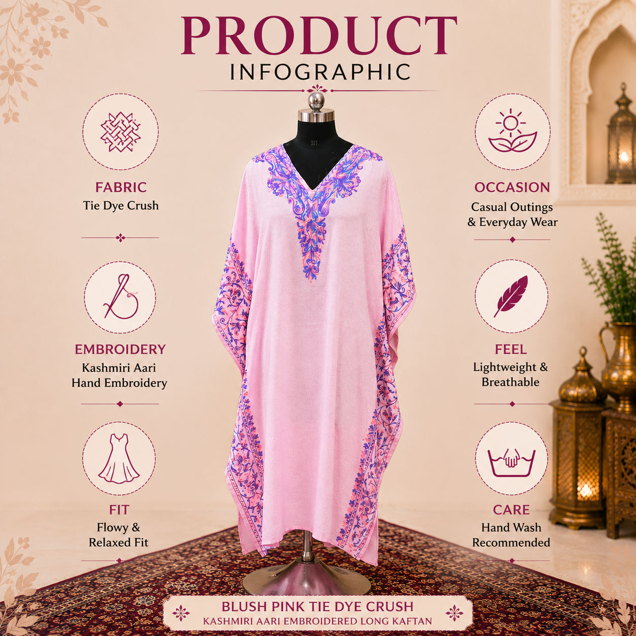 Blush Pink Tie Dye Crush Kashmiri Long Kaftan | Machine Embroidered