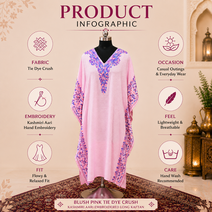 Blush Pink Tie Dye Crush Kashmiri Long Kaftan | Machine Embroidered