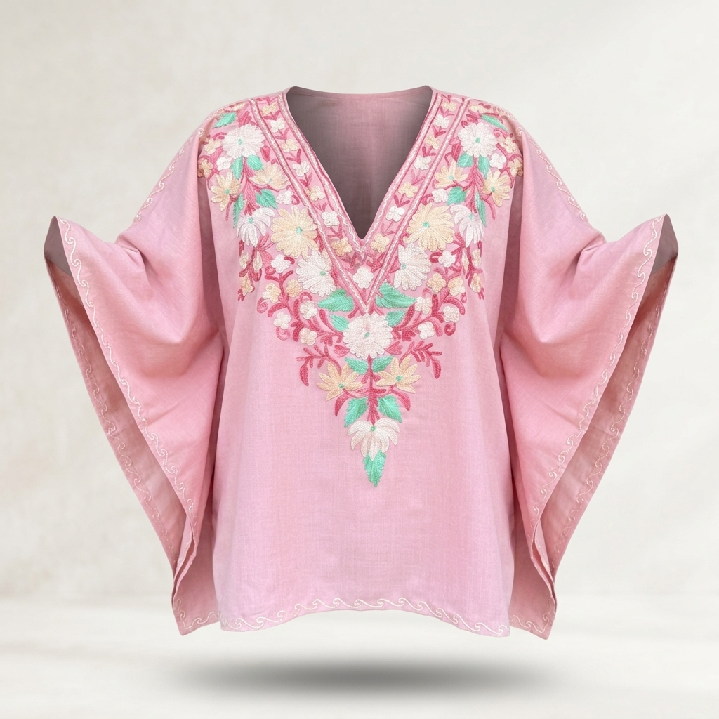 Blush Pink Kashmiri Short Kaftan for Women | Machine Embroidered Summer Cool