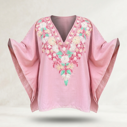 Blush Pink Kashmiri Short Kaftan for Women | Machine Embroidered Summer Cool
