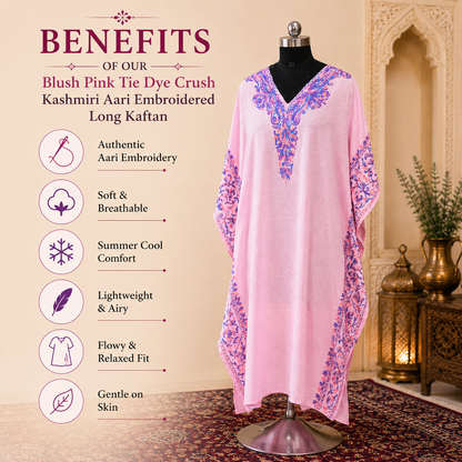 Blush Pink Tie Dye Crush Kashmiri Long Kaftan | Machine Embroidered