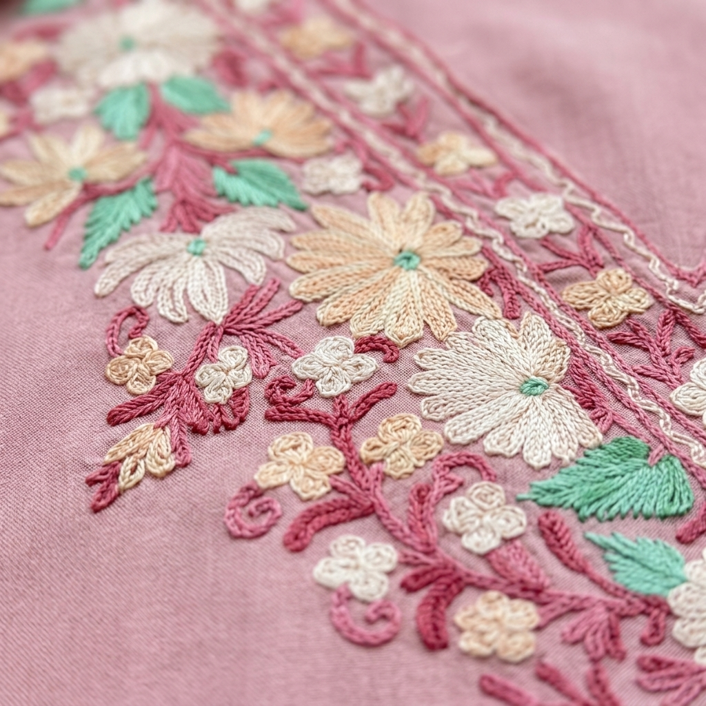 Blush Pink Kashmiri Short Kaftan for Women | Machine Embroidered Summer Cool