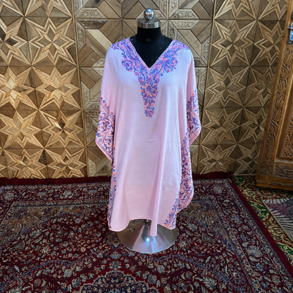 Blush Pink Tie Dye Crush Kashmiri Long Kaftan | Machine Embroidered
