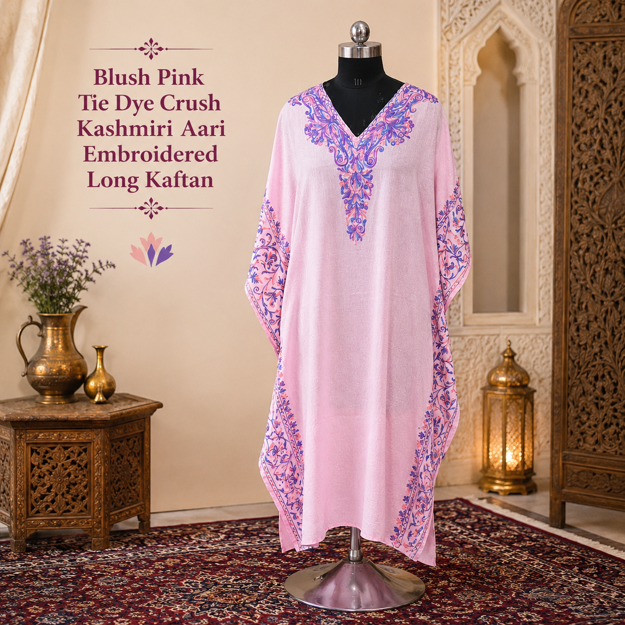 Blush Pink Tie Dye Crush Kashmiri Long Kaftan | Machine Embroidered