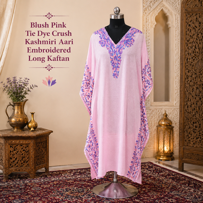 Blush Pink Tie Dye Crush Kashmiri Long Kaftan | Machine Embroidered