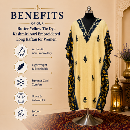 Butter Yellow Tie Dye Kashmiri Long Kaftan for Women | Machine Embroidered