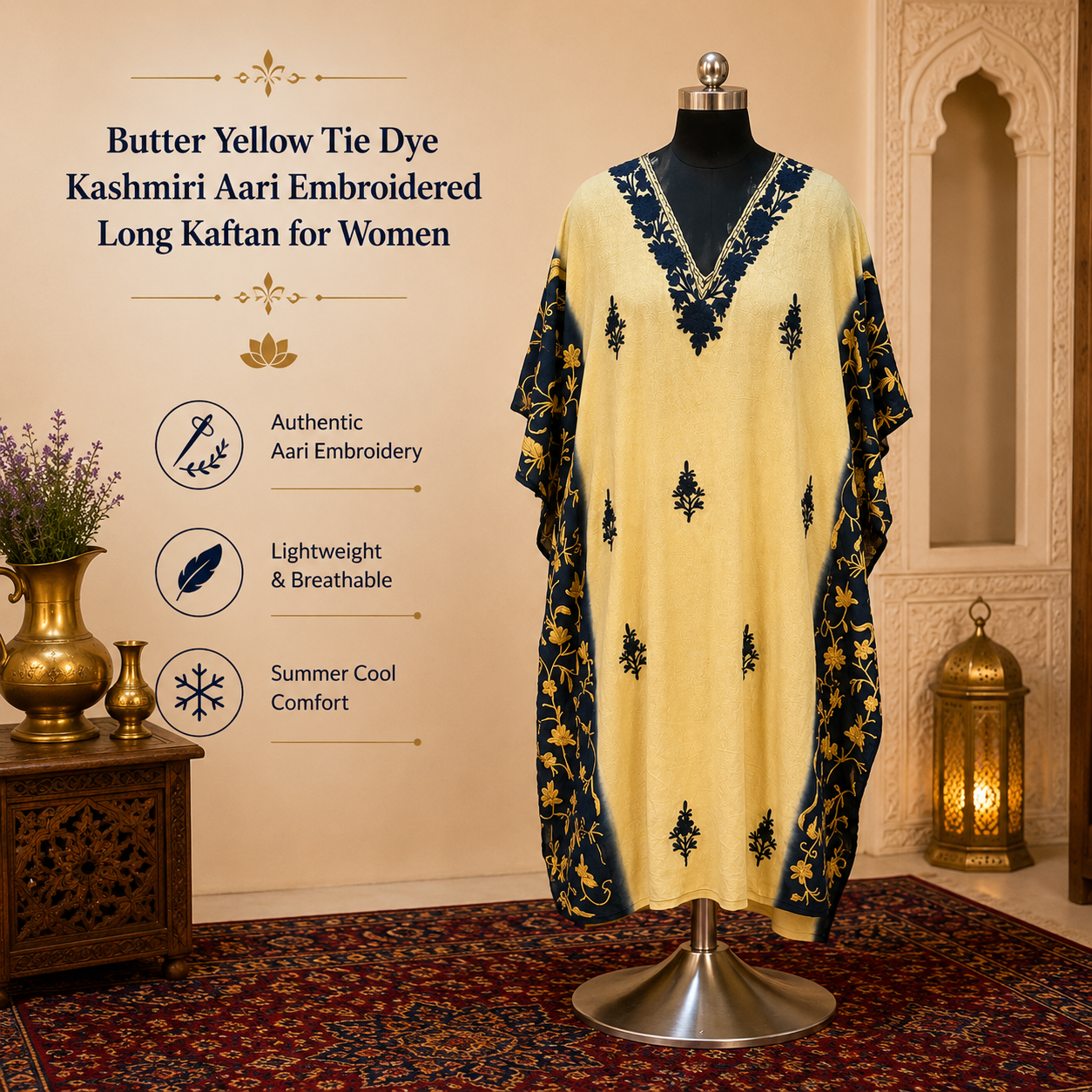 Butter Yellow Tie Dye Kashmiri Long Kaftan for Women | Machine Embroidered