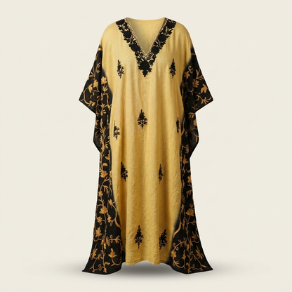 Butter Yellow Tie Dye Kashmiri Long Kaftan for Women | Machine Embroidered
