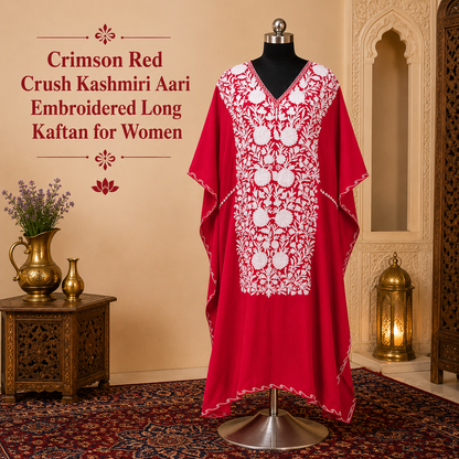 Crimson Red Crush Kashmiri Long Kaftan for Women | Machine Embroidered