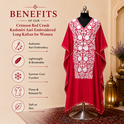 Crimson Red Crush Kashmiri Long Kaftan for Women | Machine Embroidered