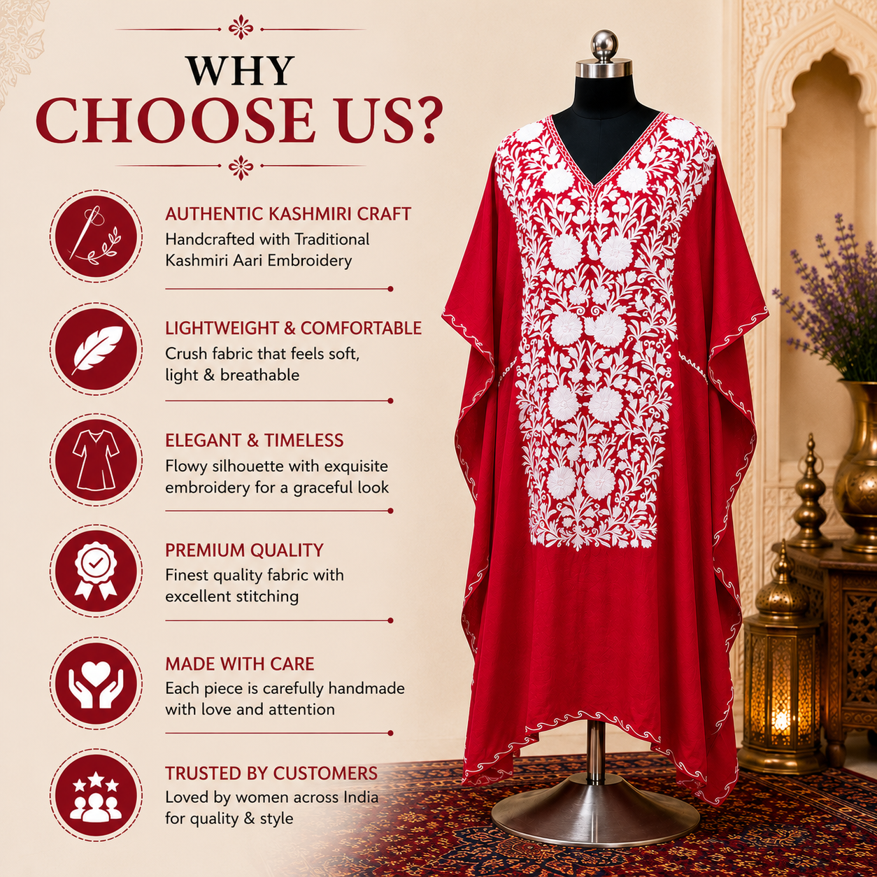 Crimson Red Crush Kashmiri Long Kaftan for Women | Machine Embroidered