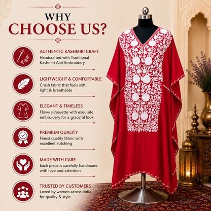 Crimson Red Crush Kashmiri Long Kaftan for Women | Machine Embroidered