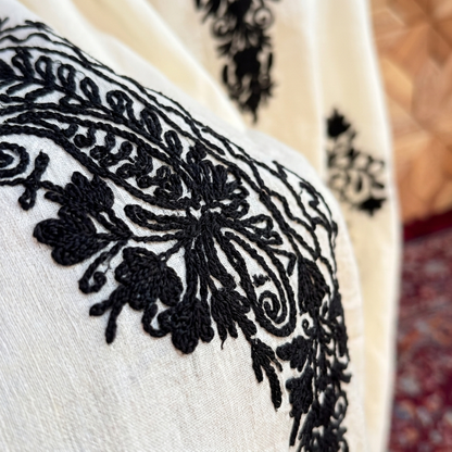 Ivory White Kashmiri Aari Long Kaftan | Machine-Embroidered Crushed Cotton Kaftan for Women
