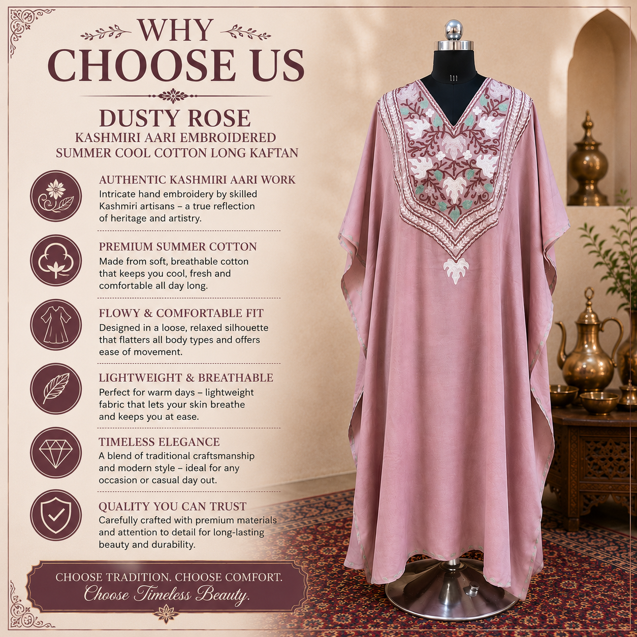 Dusty Rose Kashmiri Long Kaftan for Women | Machine Embroidered Summer Cool Cotton