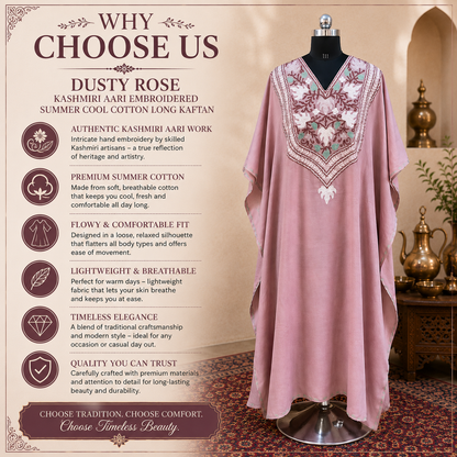 Dusty Rose Kashmiri Long Kaftan for Women | Machine Embroidered Summer Cool Cotton