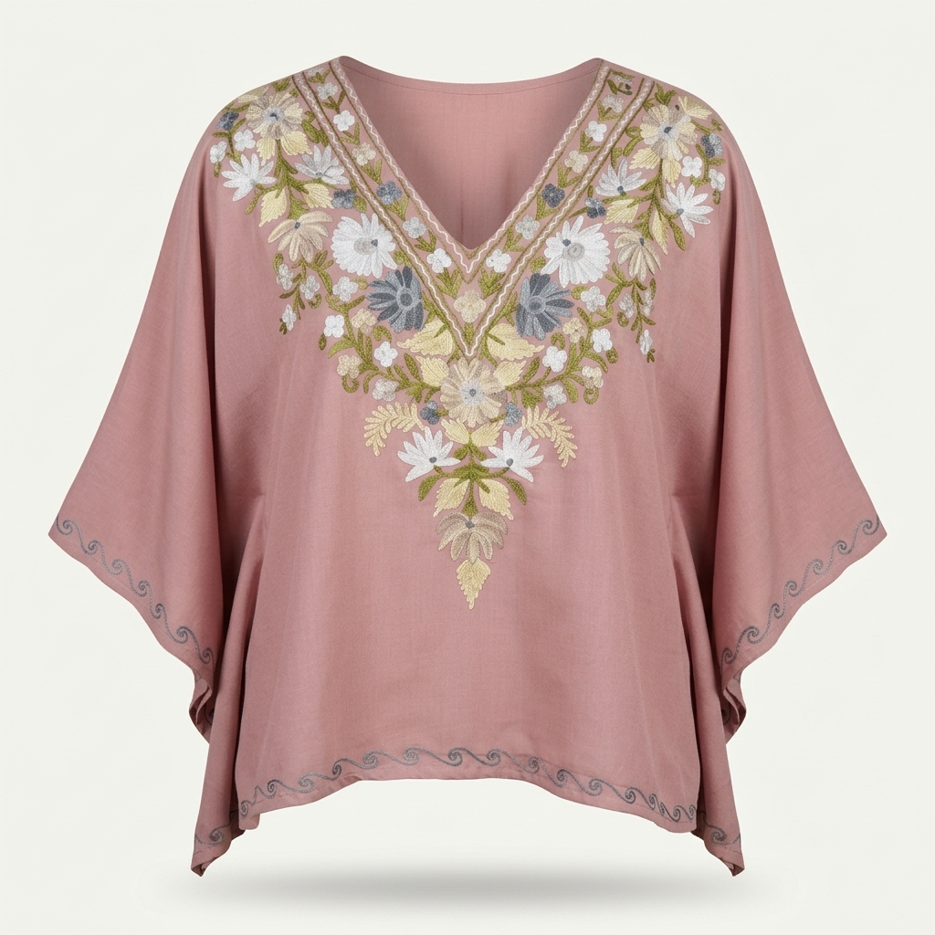 Dusty Rose Kashmiri Short Kaftan for Women | Machine Embroidered Summer Cool