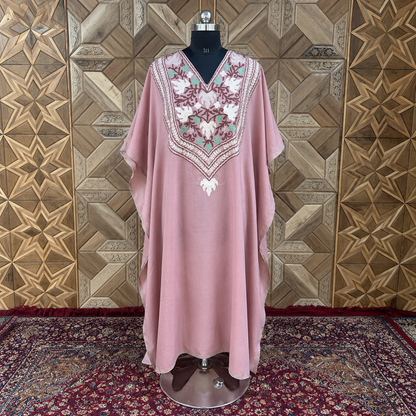 Dusty Rose Kashmiri Long Kaftan for Women | Machine Embroidered Summer Cool Cotton