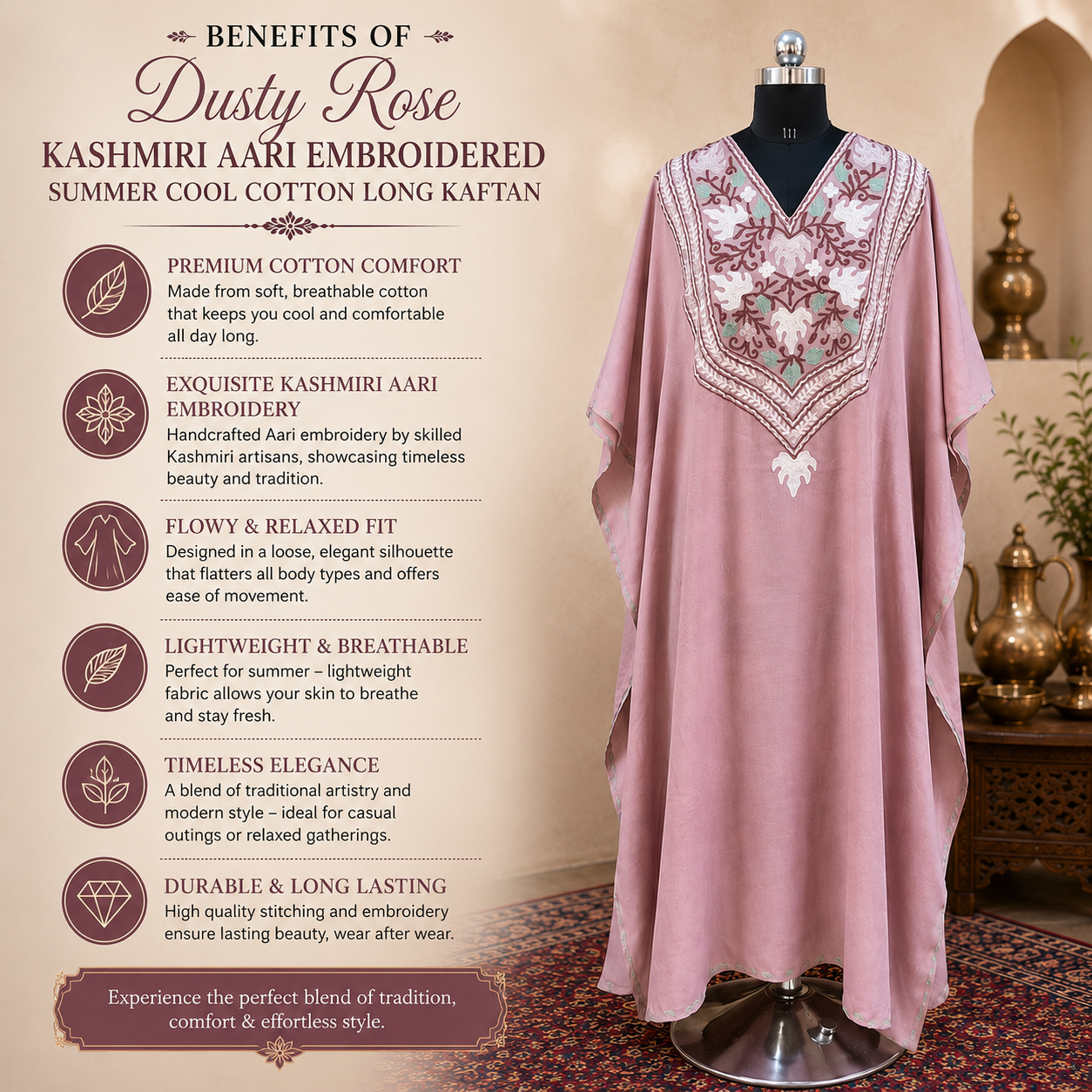 Dusty Rose Kashmiri Long Kaftan for Women | Machine Embroidered Summer Cool Cotton