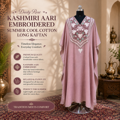 Dusty Rose Kashmiri Long Kaftan for Women | Machine Embroidered Summer Cool Cotton