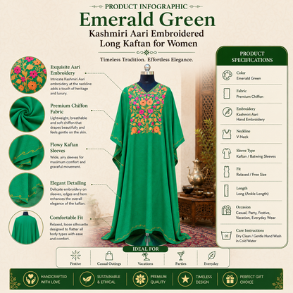 Emerald Green Kashmiri Long Kaftan for Women | Machine Embroidered Crush Kaftan