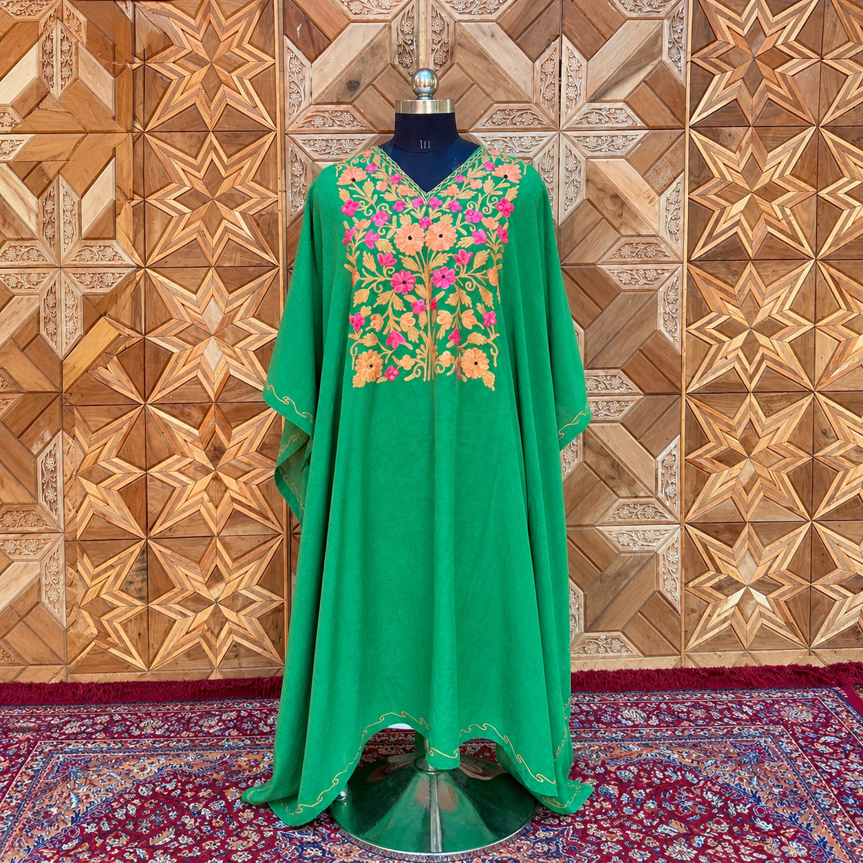Emerald Green Kashmiri Long Kaftan for Women | Machine Embroidered Crush Kaftan