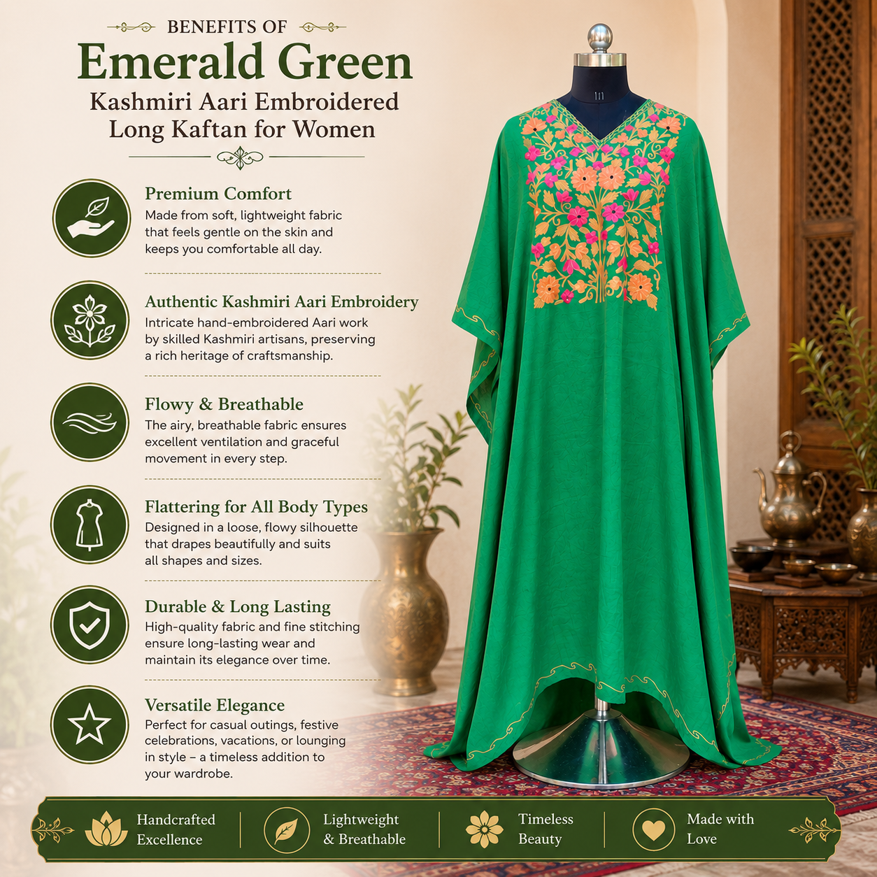 Emerald Green Kashmiri Long Kaftan for Women | Machine Embroidered Crush Kaftan