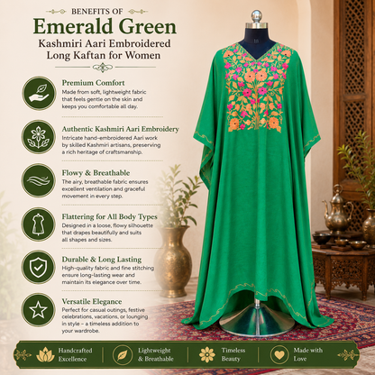 Emerald Green Kashmiri Long Kaftan for Women | Machine Embroidered Crush Kaftan