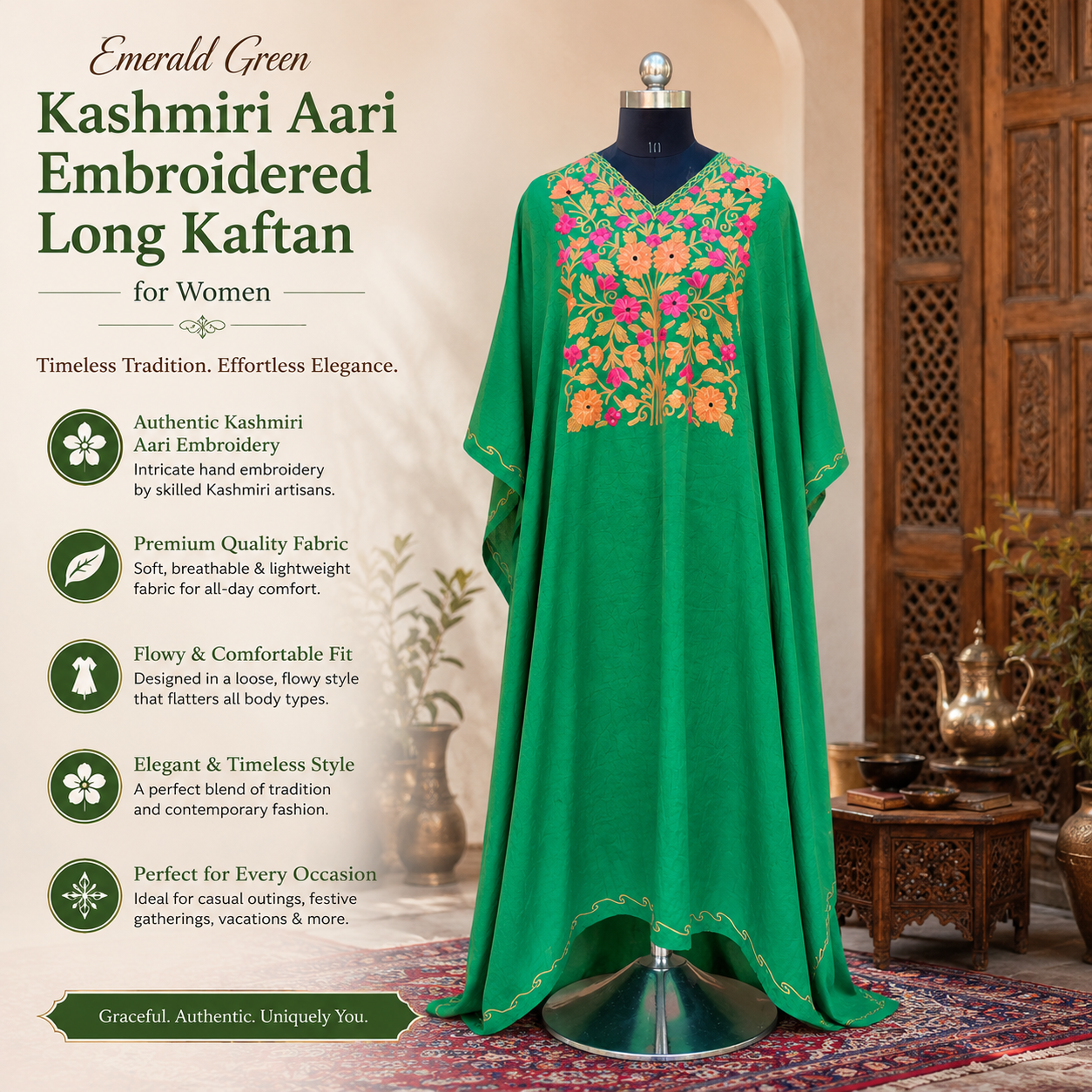 Emerald Green Kashmiri Long Kaftan for Women | Machine Embroidered Crush Kaftan