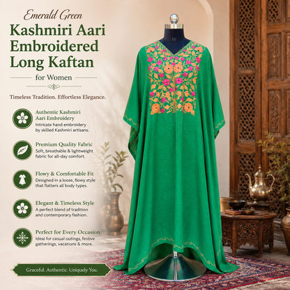Emerald Green Kashmiri Long Kaftan for Women | Machine Embroidered Crush Kaftan