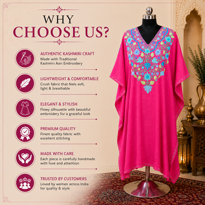 Fuchsia Pink Crush Kashmiri Long Kaftan for Women | Machine Embroidered