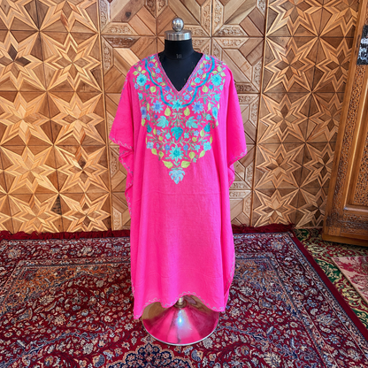 Fuchsia Pink Crush Kashmiri Long Kaftan for Women | Machine Embroidered