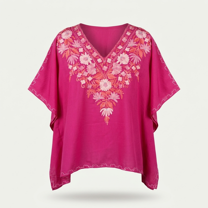 Fuchsia Pink Kashmiri Short Kaftan for Women | Machine Embroidered Summer Cool