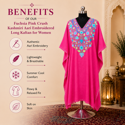 Fuchsia Pink Crush Kashmiri Long Kaftan for Women | Machine Embroidered