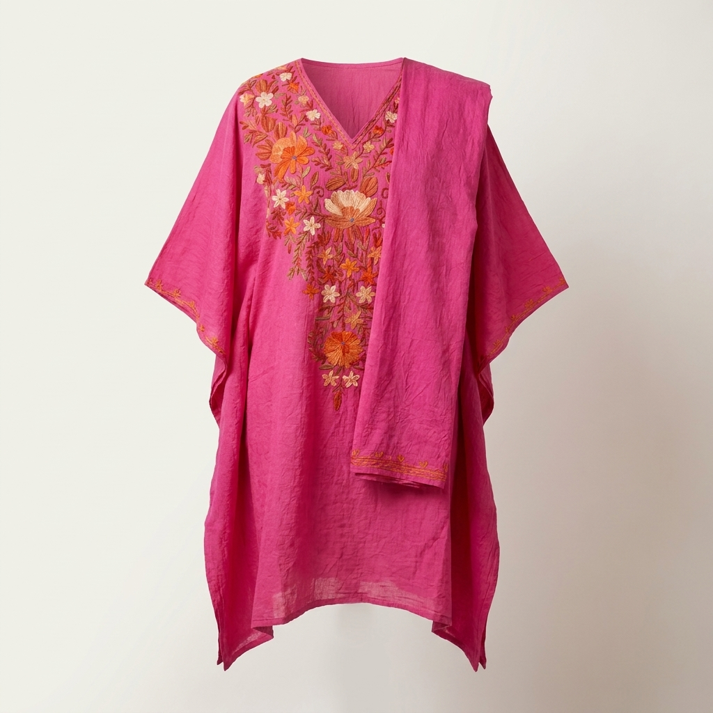 Fuchsia Pink Kashmiri Aari Long Kaftan Set | Machine-Embroidered Crushed Cotton Kaftan with Matching Trouser