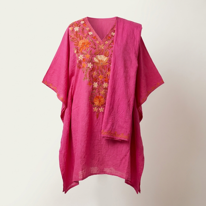 Fuchsia Pink Kashmiri Aari Long Kaftan Set | Machine-Embroidered Crushed Cotton Kaftan with Matching Trouser