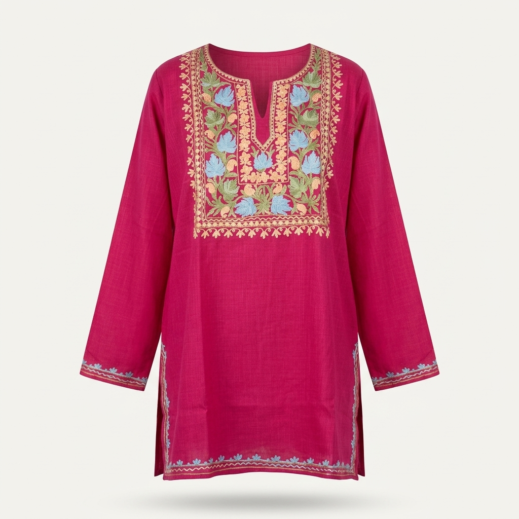Fuchsia Pink Kashmiri Short Kurti for Women — Machine Embroidered Designer Kurti