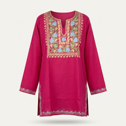 Fuchsia Pink Kashmiri Short Kurti for Women — Machine Embroidered Designer Kurti