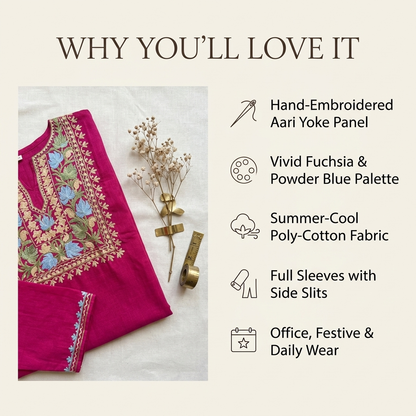 Fuchsia Pink Kashmiri Short Kurti for Women — Machine Embroidered Designer Kurti
