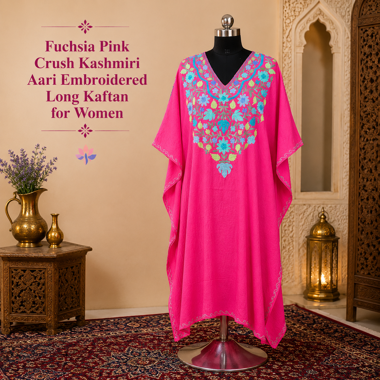 Fuchsia Pink Crush Kashmiri Long Kaftan for Women | Machine Embroidered