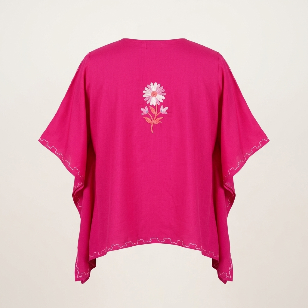 Fuchsia Pink Kashmiri Short Kaftan for Women | Machine Embroidered Summer Cool