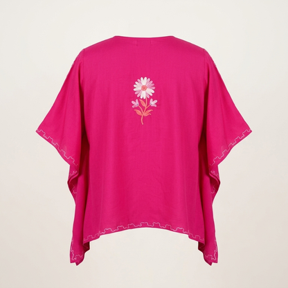Fuchsia Pink Kashmiri Short Kaftan for Women | Machine Embroidered Summer Cool