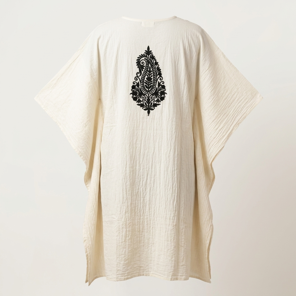 Ivory White Kashmiri Aari Long Kaftan | Machine-Embroidered Crushed Cotton Kaftan for Women