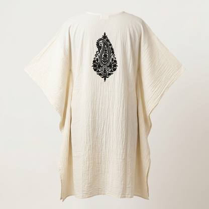 Ivory White Kashmiri Aari Long Kaftan | Machine-Embroidered Crushed Cotton Kaftan for Women
