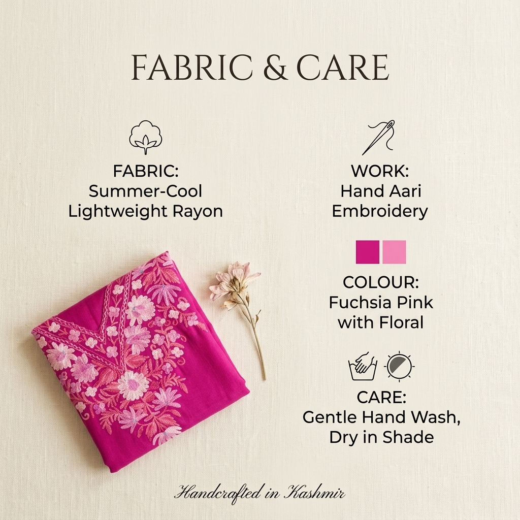Fuchsia Pink Kashmiri Short Kaftan for Women | Machine Embroidered Summer Cool